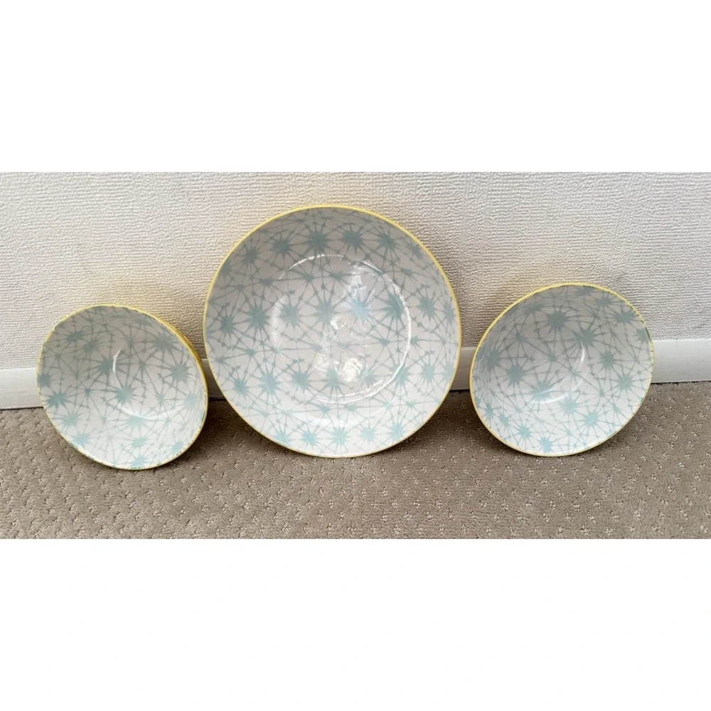 SIGNATURE Brand Embossed Yellow Teal Interior Design Ceramic Bowls (3 in Set)